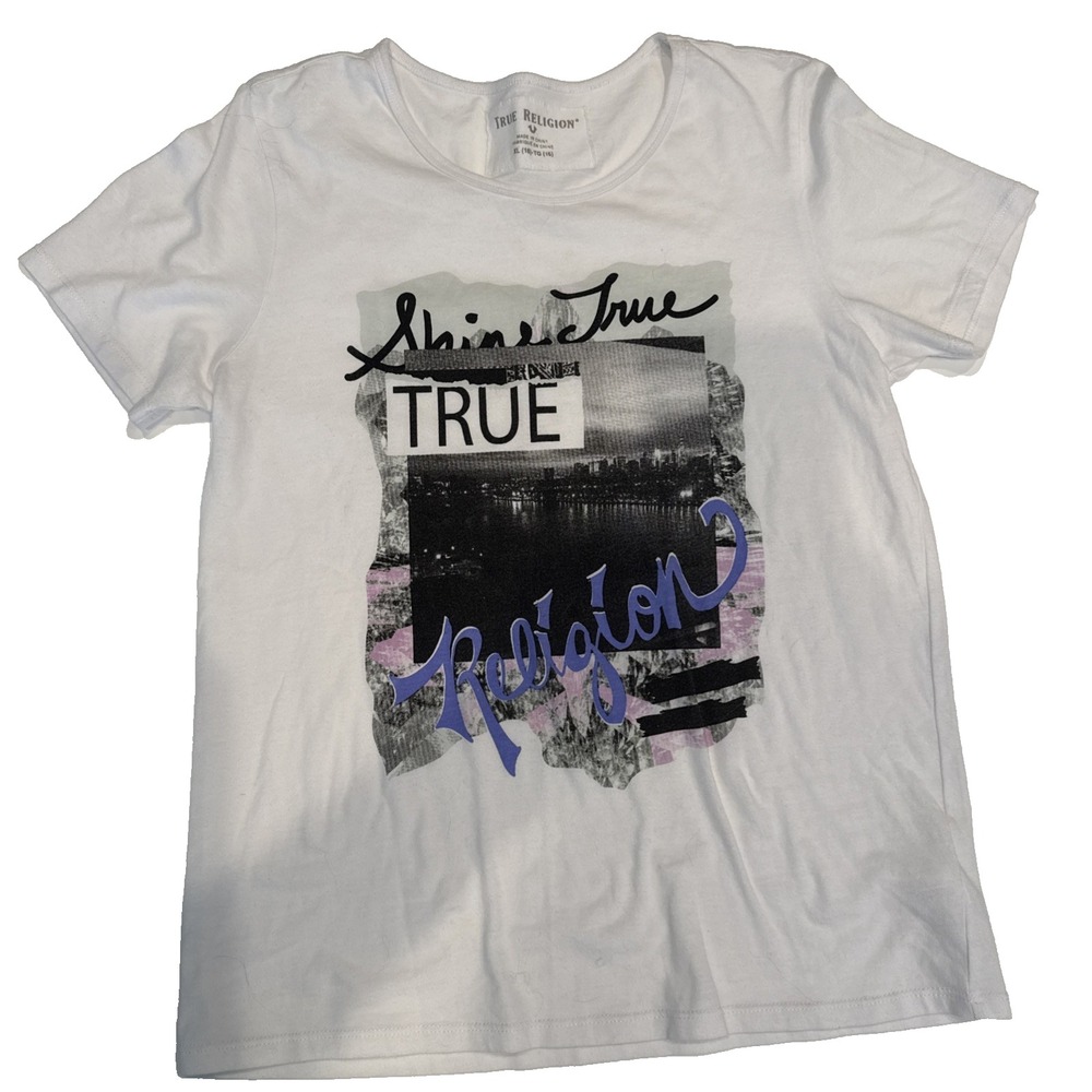 True Religion Men's White Graphic T-Shirt XL Short Sleeve Shine True Cotton